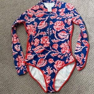 Boden Navy One-Piece Rash Guard one piece with Pink Floral Pattern size 8